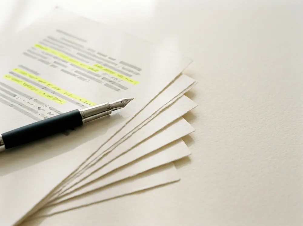 Yelpaze gibi açılmış el yazması sayfalar ve fosforlu işaretli paragraflar